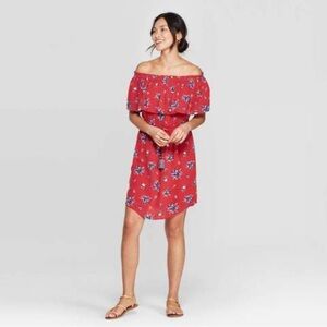 Knox Rose Off-the-Shoulder A-line Dress with red and blue floral pattern